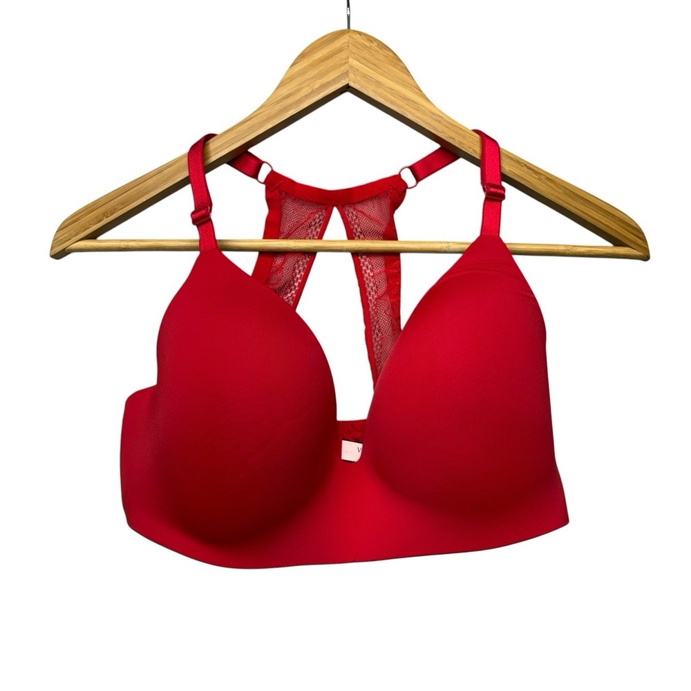 Victorias Secret Womens Bra 34DDD Red Wireless Lace Racerback Adjustable
